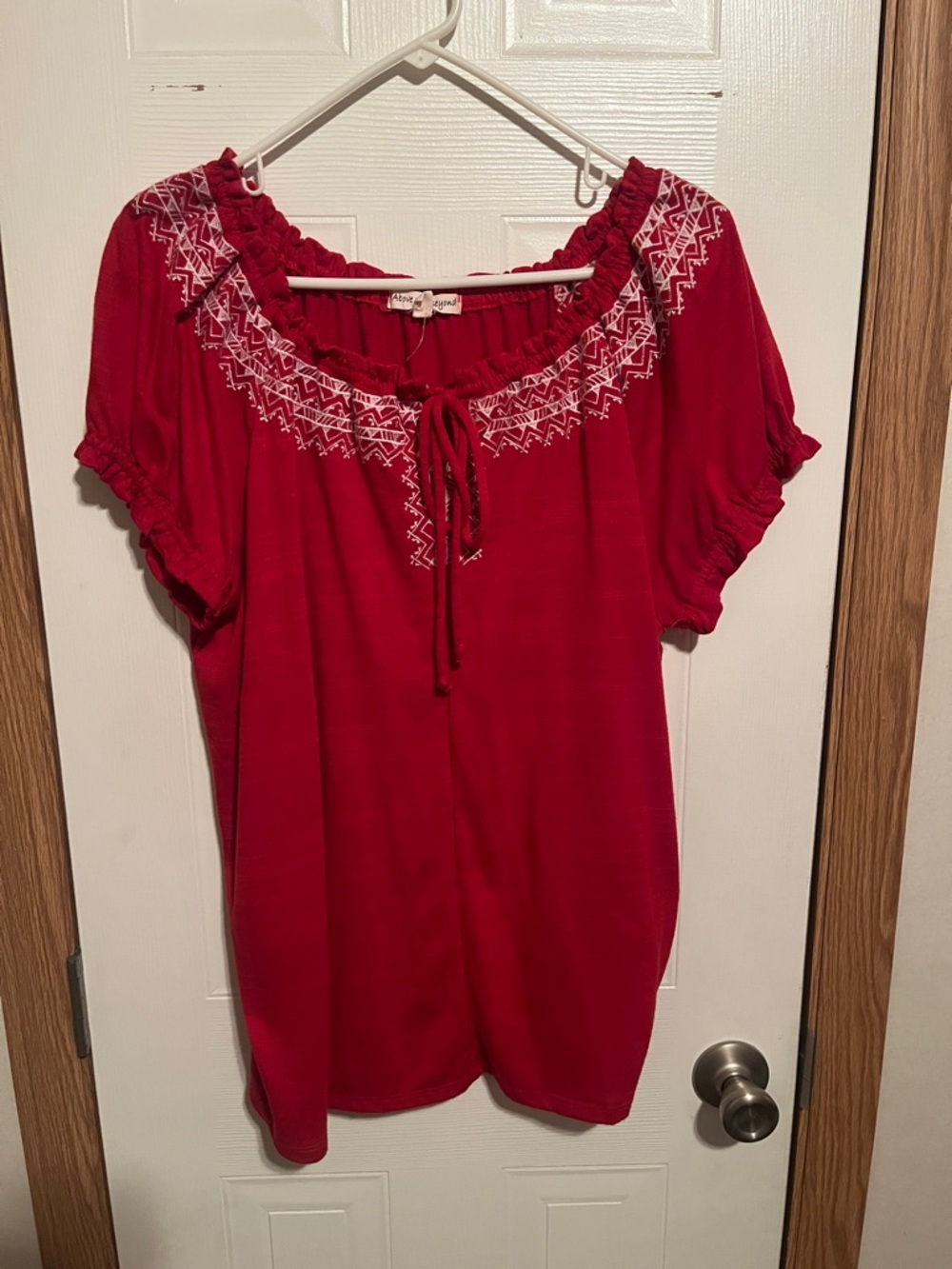 Women's Red Embroidered Peasant Blouse with Tie Neck